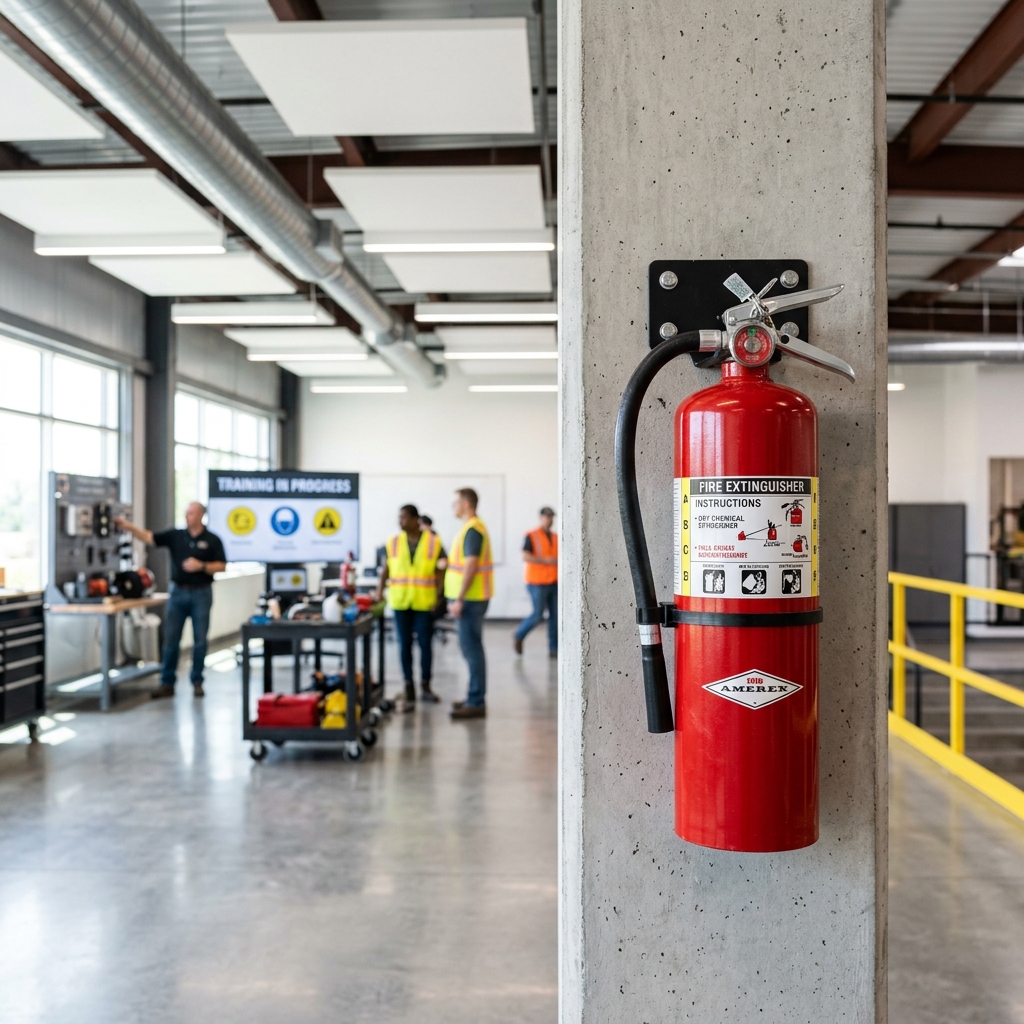 Fire extinguisher mounted in a commercial training facility