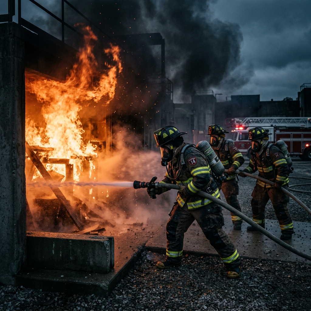 Firefighters responding to an incident, representing fire risk in buildings